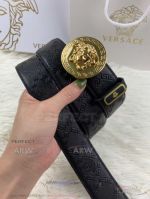 AAA Clone Versace Black Engraved Leather Belt - Yellow Gold Medusa Buckle